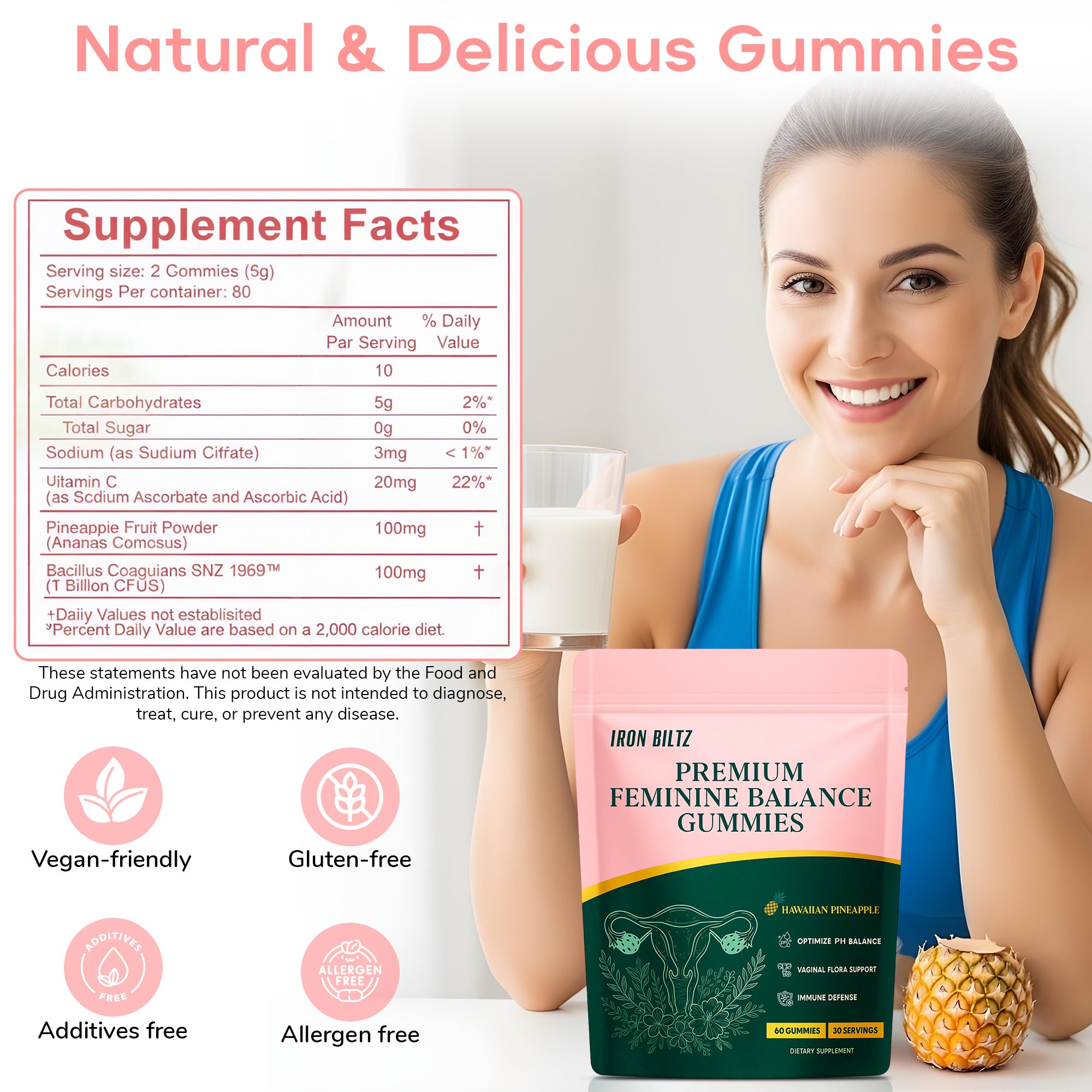 IRON BILTZ Feminine Balance Probiotic Pineapple Gummies 60 Gummies