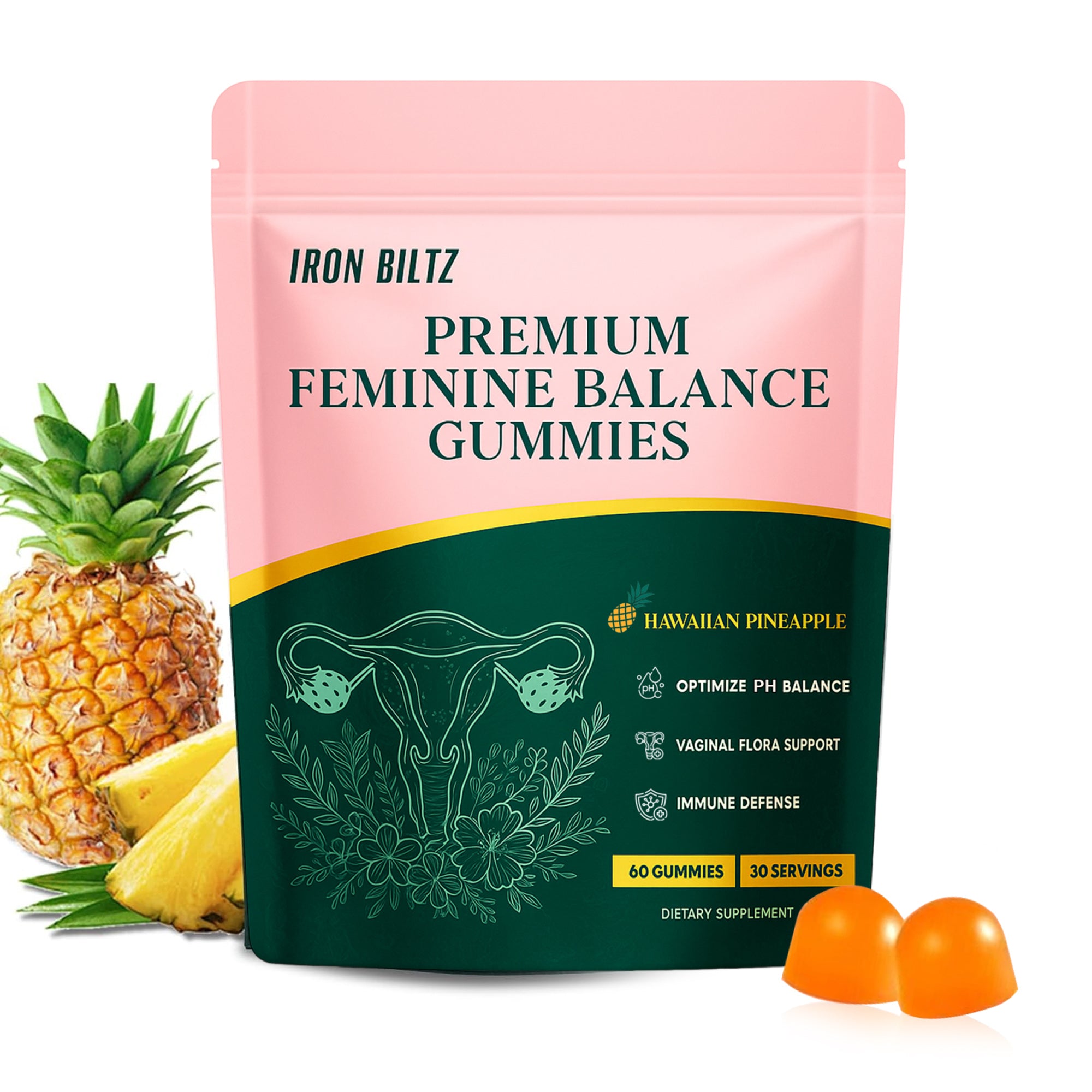 IRON BILTZ Feminine Balance Probiotic Pineapple Gummies 60 Gummies