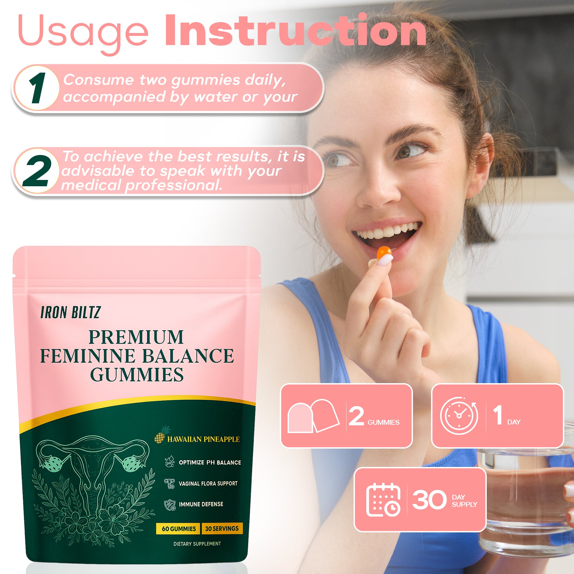 IRON BILTZ Feminine Balance Probiotic Pineapple Gummies 60 Gummies